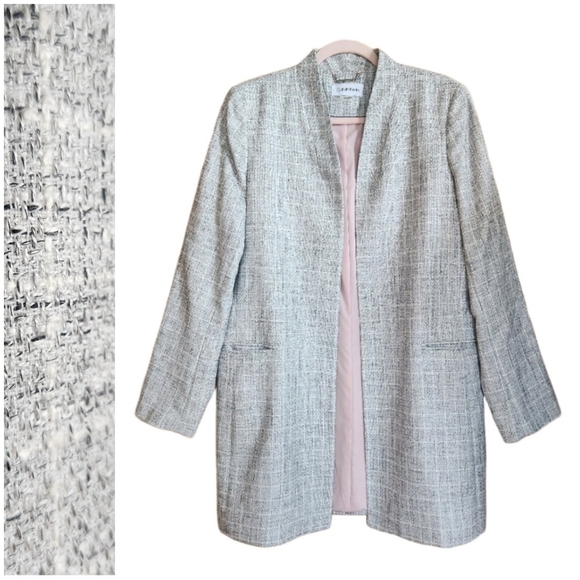 CALVIN KLEIN CONTEMPORARY TWEED OPEN FRONT BLAZER JACKET LIGHT GRAY SIZE 16 EUC - Picture 1 of 7